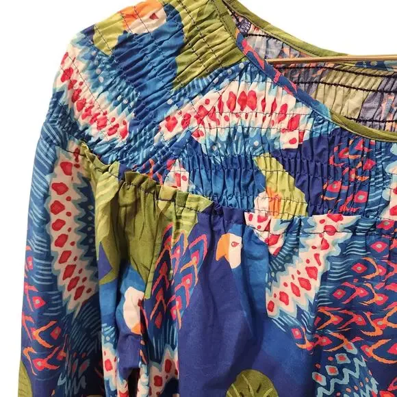 Farm Rio Macaw cotton long-sleeve blue midi dress size XS